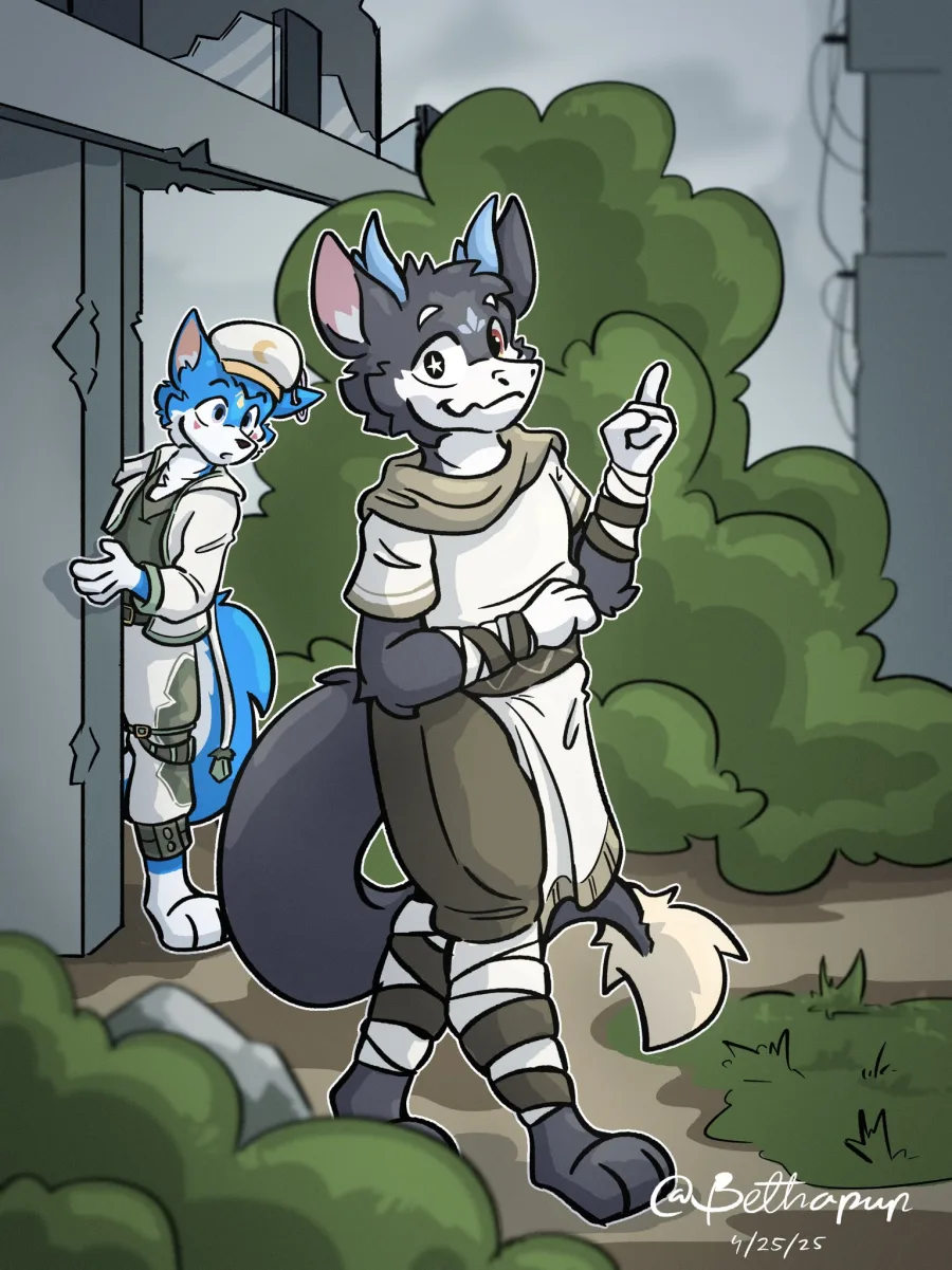 Adventure scene — two characters exploring an overgrown ruin
