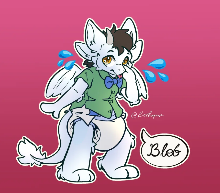 Winged character in a green vest and bow tie saying "Bleb"