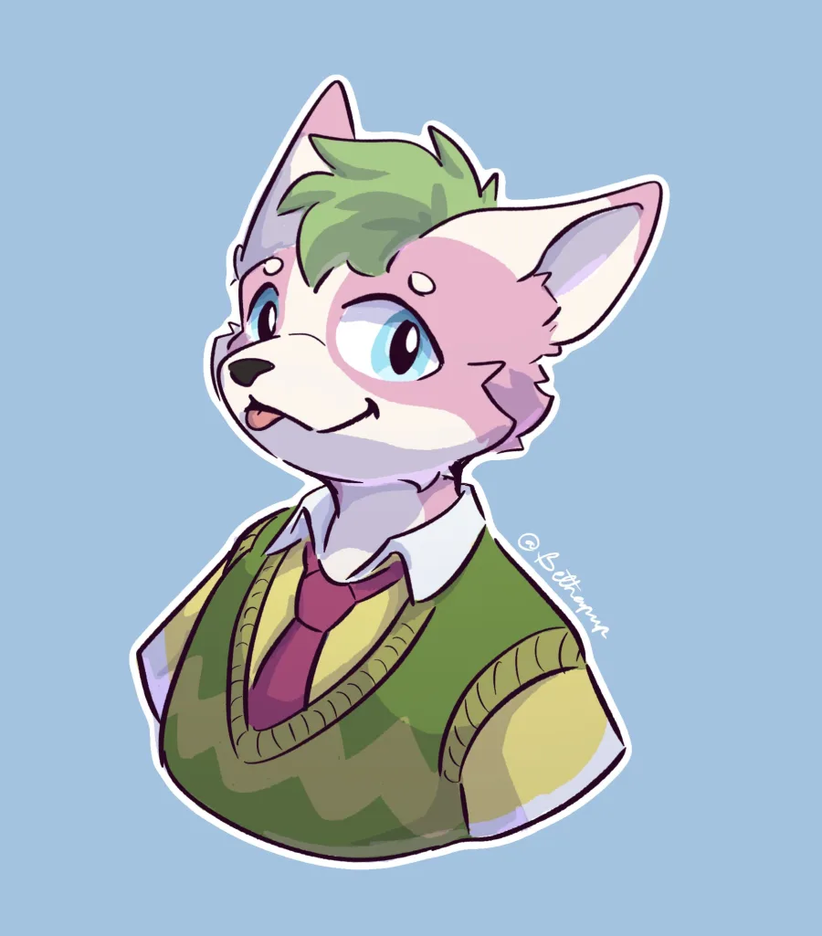 Chibi bust portrait — green-haired character in a sweater vest and tie