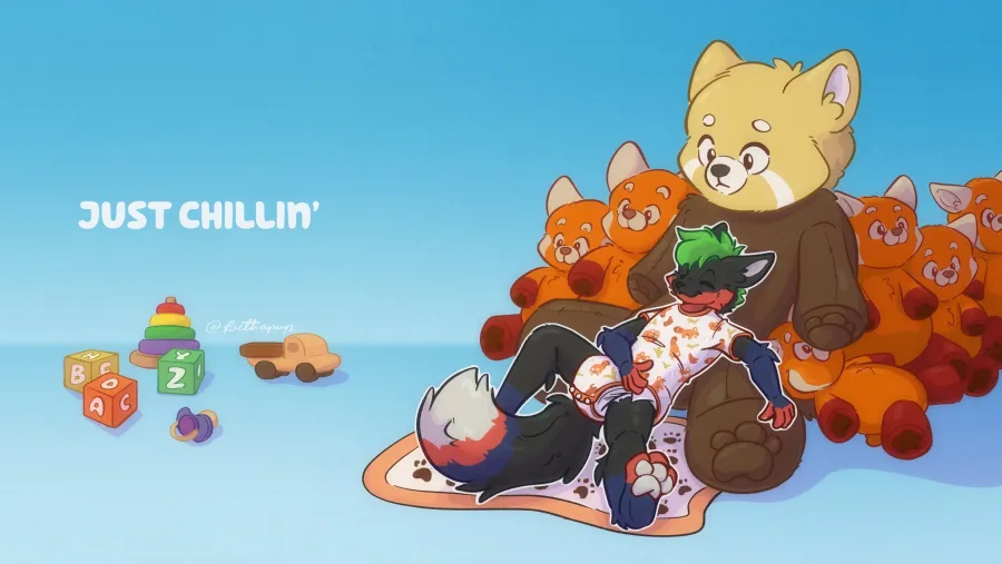 Just Chillin' — cozy full-body illustration with plush red panda toys